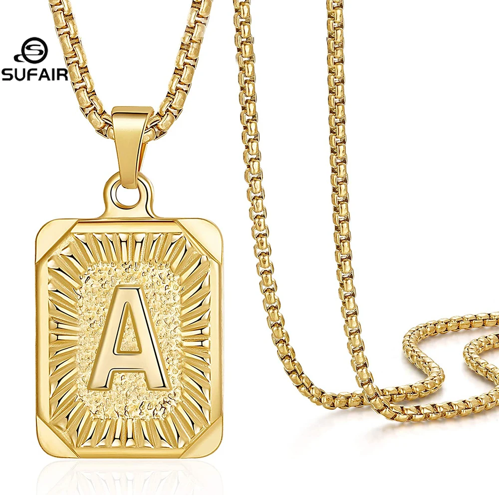 

Sufair 18K Gold Initials Letter Name Necklace For Women Men Filled Monogram Capital 26 Letter Pendant Steel Box Chain Necklace