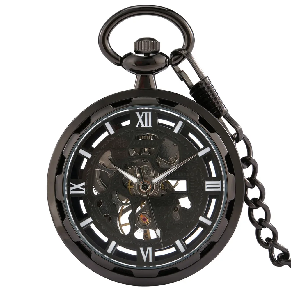 Vintage Black Skeleton Mechanical Hand Winding Pocket Watch Open Face Pendant Pocket Clock Thick Chain Antique Timepiece