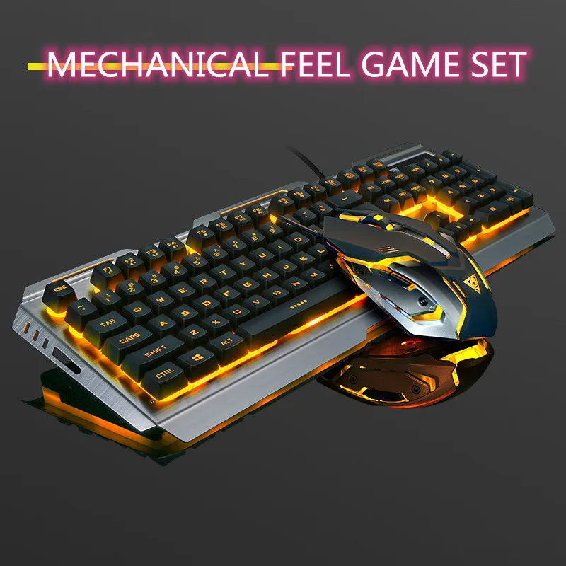 

V1 USB Проводная игровая клавиатура, эргономичная подсветка, механические ощущения и мышь, вольфрамовая Золотая игровая клавиатура для ноутбука, игровой набор