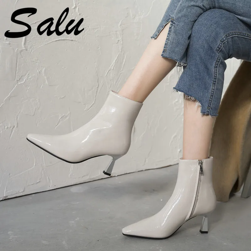 

Salu New Cow Leather High Heels Women Ankle Boots Black White Office Ladies Dress Shoes Spring Autumn Boots Woman Size 40