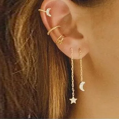 

European and American fashion creative ladies earrings butterfly star moon rhinestone tassel earrings 5-piece set wholesale