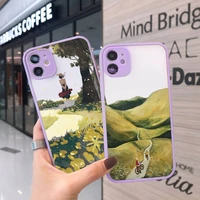 cartoon scenery girl phone case for iphone 12 11 mini pro xr xs max 7 8 plus x matte transparent purple back cover