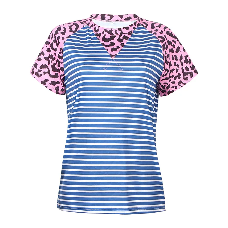 

Donsignet Fashion Women's T-shirt Spring Hot Sale Casual Round Neck Pullover Print Stripe Stitching Loose Long-sleeved T-shirt