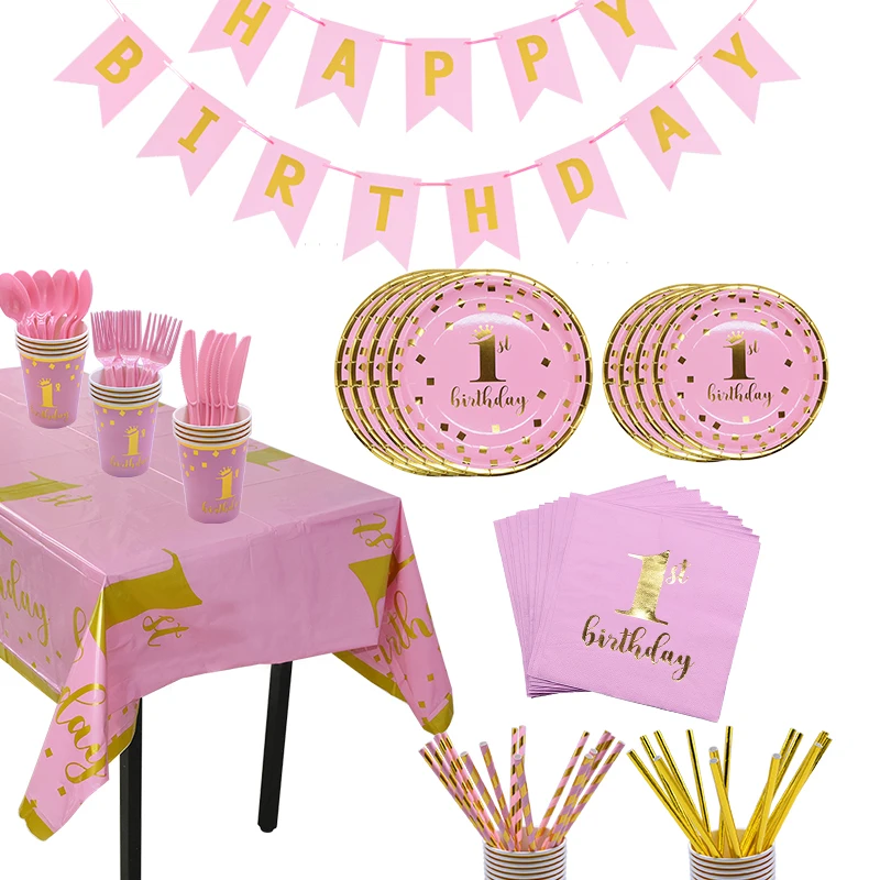 

First Happy Birthday Disposable Tableware Set Pink Blue Plate Straws Napkins Cup for Baby Shower 1 Year Old Birthday Party Decor