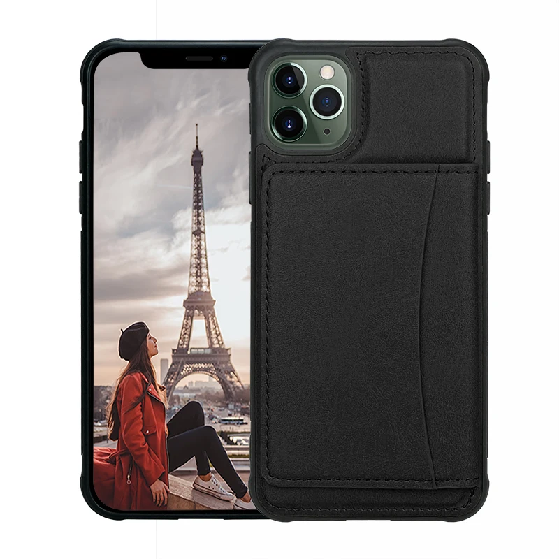Black Премиум Кожа подставка Прочный противоударный защитный чехол для iPhone X XR XS Max 6 6S 7 8 Plus кредитный держатель для карт кошелек сумка - Цвет: Black