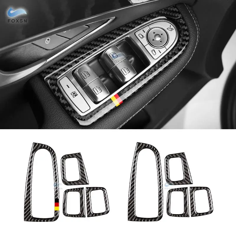 For Mercedes Benz C Class W205 C180 C200 C300 GLC260 4pcs Carbon Fiber Window Switch Armrest Panel Cover Sticker Trim