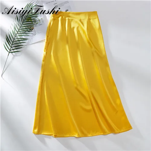 Юбка AISIYIFUSHI Женская длинная гладкая атласная юбка эластичная до колена