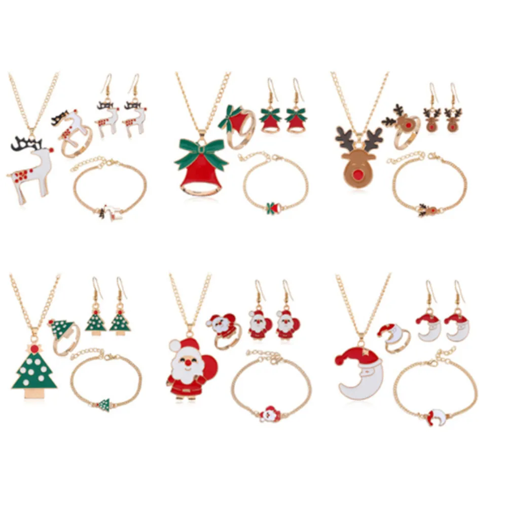 

Christmas Series Christmas Oil-Dripping Old Man Elk Bell Earring Necklace Bracelet Multi-Piece Set Christmas Gift Jewelry Set