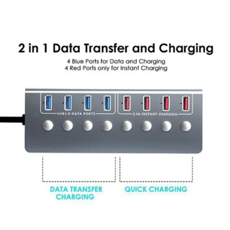

Aluminum Alloy 8-Port USB3.0 Splitter 4 Port Laptop Extended USB HUB 4 Port Fast Charging Adapter External US Plug