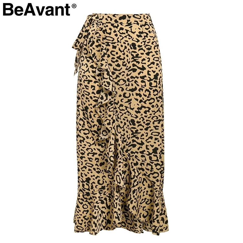 BeAvant Elegant leopard print women maxi skirt High waist ruffled asymmetrical female long skirt Side bow tie autumn lady skirts - Цвет: Цвет: желтый