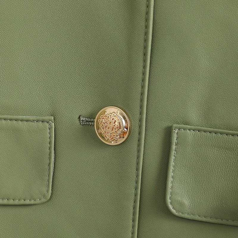 Spring Autumn Korean Style Women's High Quality Green Genuine Leather O-neck Jackets C252