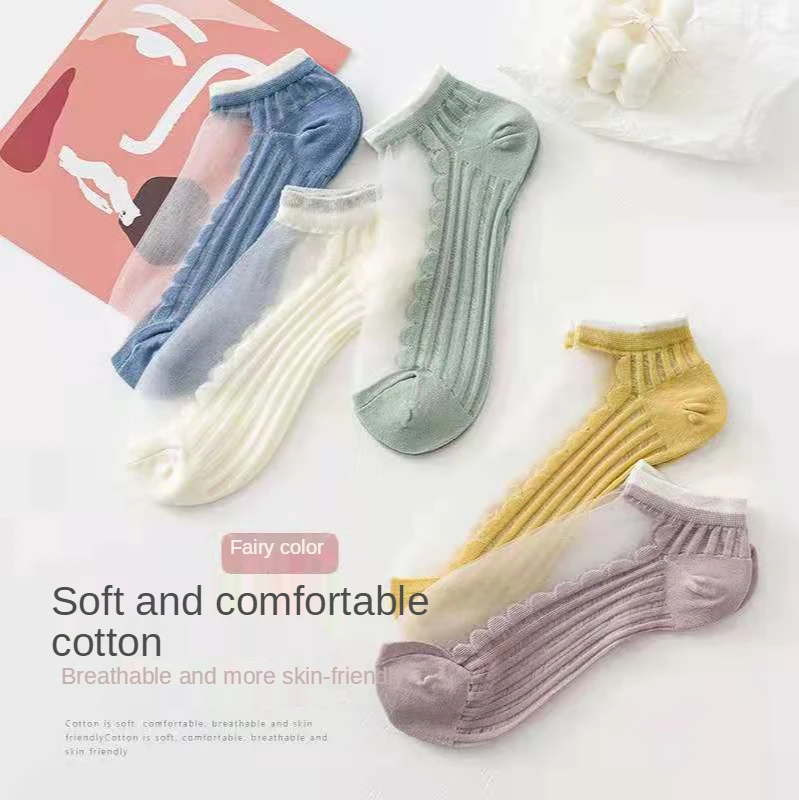 

2 Pairs/lot Women Jacquard Ankle Socks Lady Pure Silk Lace Water Plants Short Sock Female Cheap Women's Transparent Crystal Sock