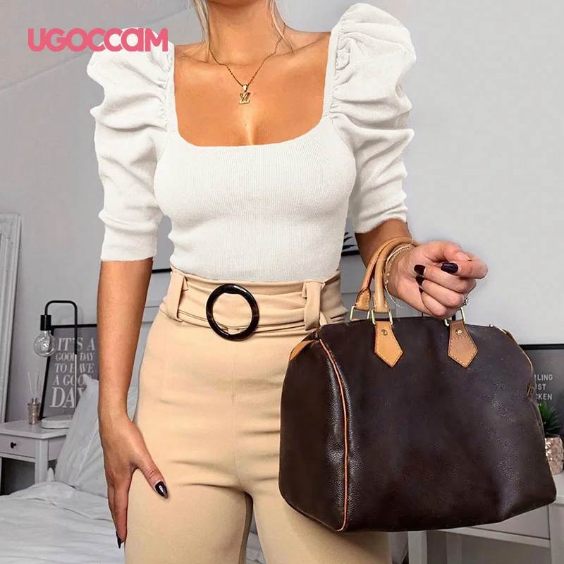 UGOCCAM Сексуальная футболка однотонные ребристые трикотажные женские топы рубашка