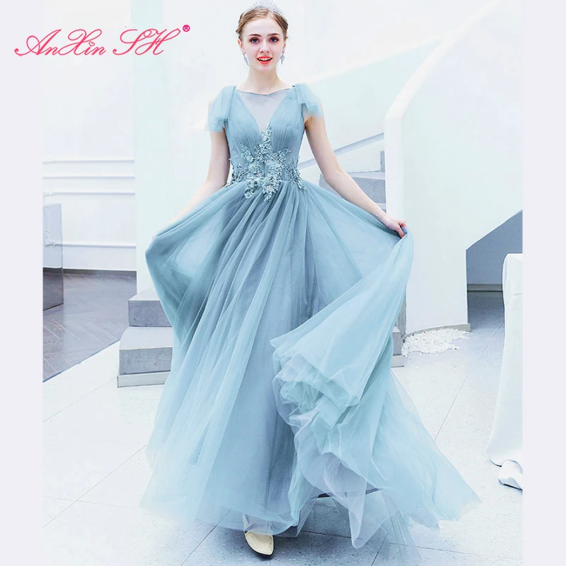 Женское вечернее платье принцессы AnXin SH синее кружевное с круглым вырезом