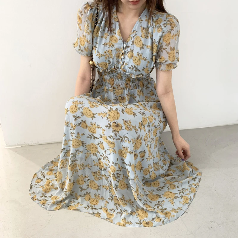

Korean Vintage Printed Dress Women Summer Short Sleeve Sexy V-neck Flower Dress Female Elastic Waist Chic Dresses Vestidos