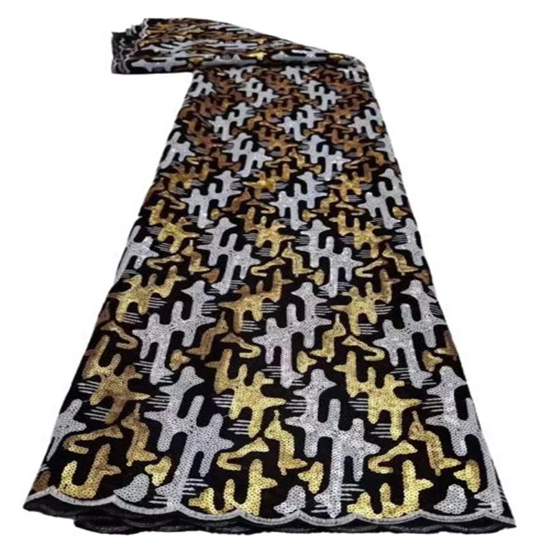 

Новейший стиль, желтая Высококачественная африканская бархатная кружевная ткань с блестками, нигерийские кружевные ткани для свадебной ве...