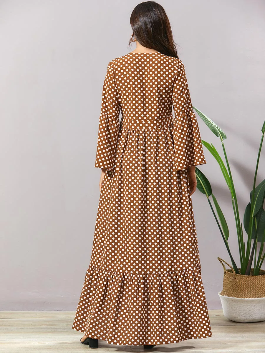 

boho dot printed draped dress ruffle hem Ramadan Eid Dubai Kaftan Abaya African dashiki For Women Robe plus size VKDR2071