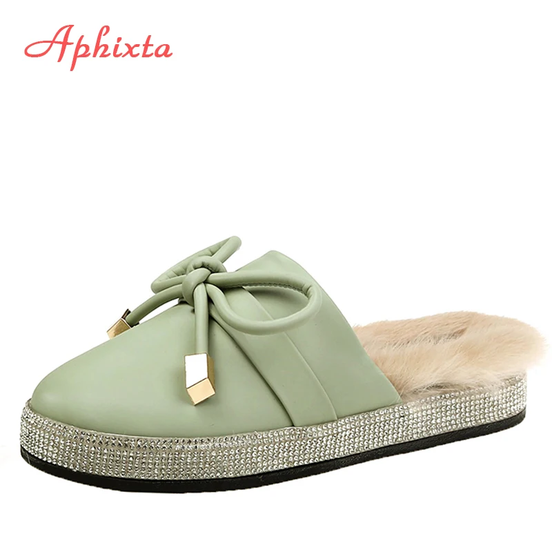 Мюли Aphixta женские зимние со стразами натуральный мех бант плоская подошва