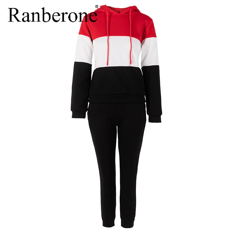 2020 Women Tracksuit Thicken Hooded Sweatshirts 2 Piece Set Casual Sport Sets Long Sleeve Patchwork Plus Size Fitness Suit