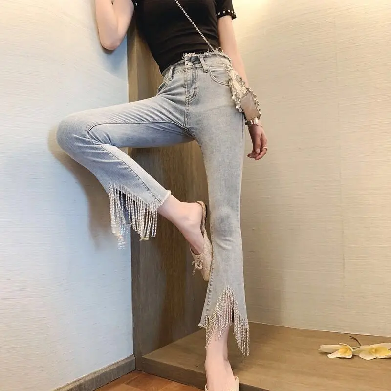 Women Jeans With Beads Tassel Rhinestones Vintage Skinny High Waist Stretchy Petite Ankle Elastic Denim Pants | Женская одежда