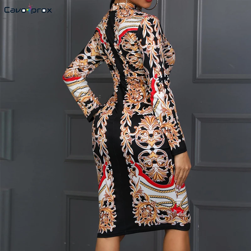 Женское облегающее платье с длинными рукавами и принтом в стиле ретро