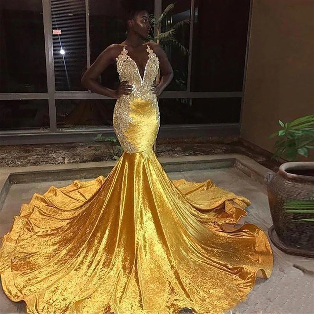 

New Custom Mermaid Deep V-Neck Evening Dress Lace up Wrap Gold Halter Prom Party Gown Backless Trumpet Ball Gown Formal Dresses