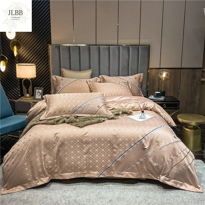 

New Luxury Champagne Jacquard Cotton Rose Flowers Embroidery Bedding Set Soft Silky Duvet Cover Flat/Fitted Sheet Pillowcases