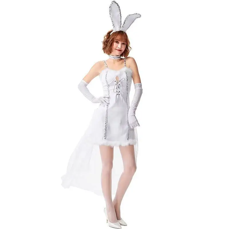 

White Women Bunny Girl Cosplay Female Halloween Magician Costumes Carnival Purim Stage Show Nightclub Bar Role Play Party Dress