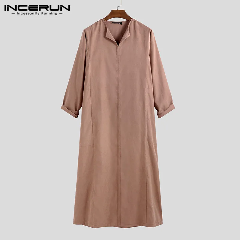Coffee Jubba tobe мужские однотонные мусульманский, Арабский исламский кафтан с длинным рукавом V шеи халаты Дубай Ближний Восток абайя мужская одежда INCERUN - Цвет: Coffee
