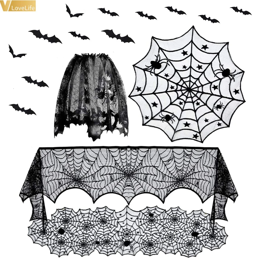 

16 шт. украшения на Хэллоуин скатерть Черная кружевная скатерть летучая мышь паутина на камин шарф стол для дома хэллоуивечерние