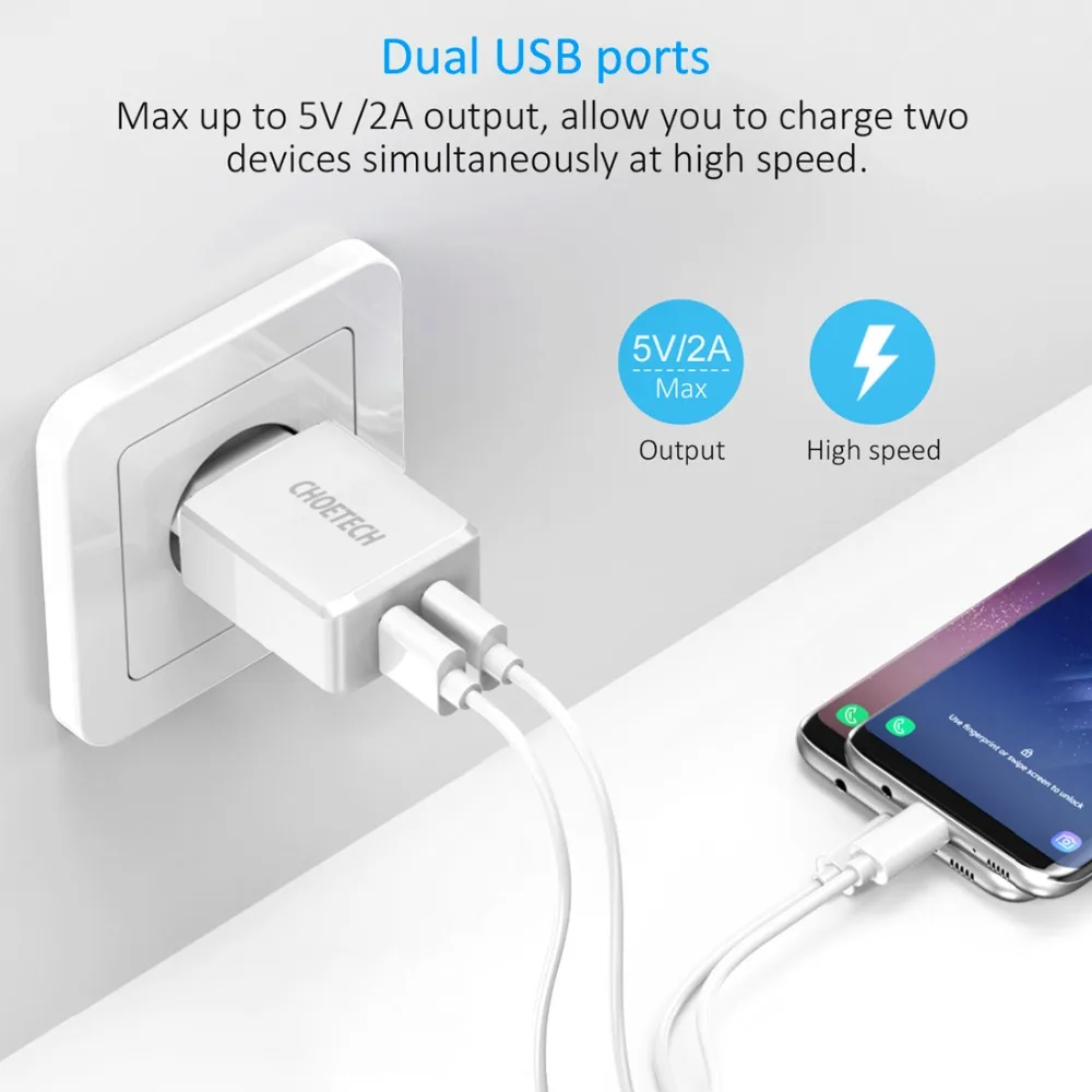 CHOETECH, 5 В, 2 А, два порта, USB, настенное зарядное устройство для iPhone 11 X XS 8 7, быстрое зарядное устройство для путешествий, адаптер для samsung S10 S9 S8, зарядное устройство для телефона