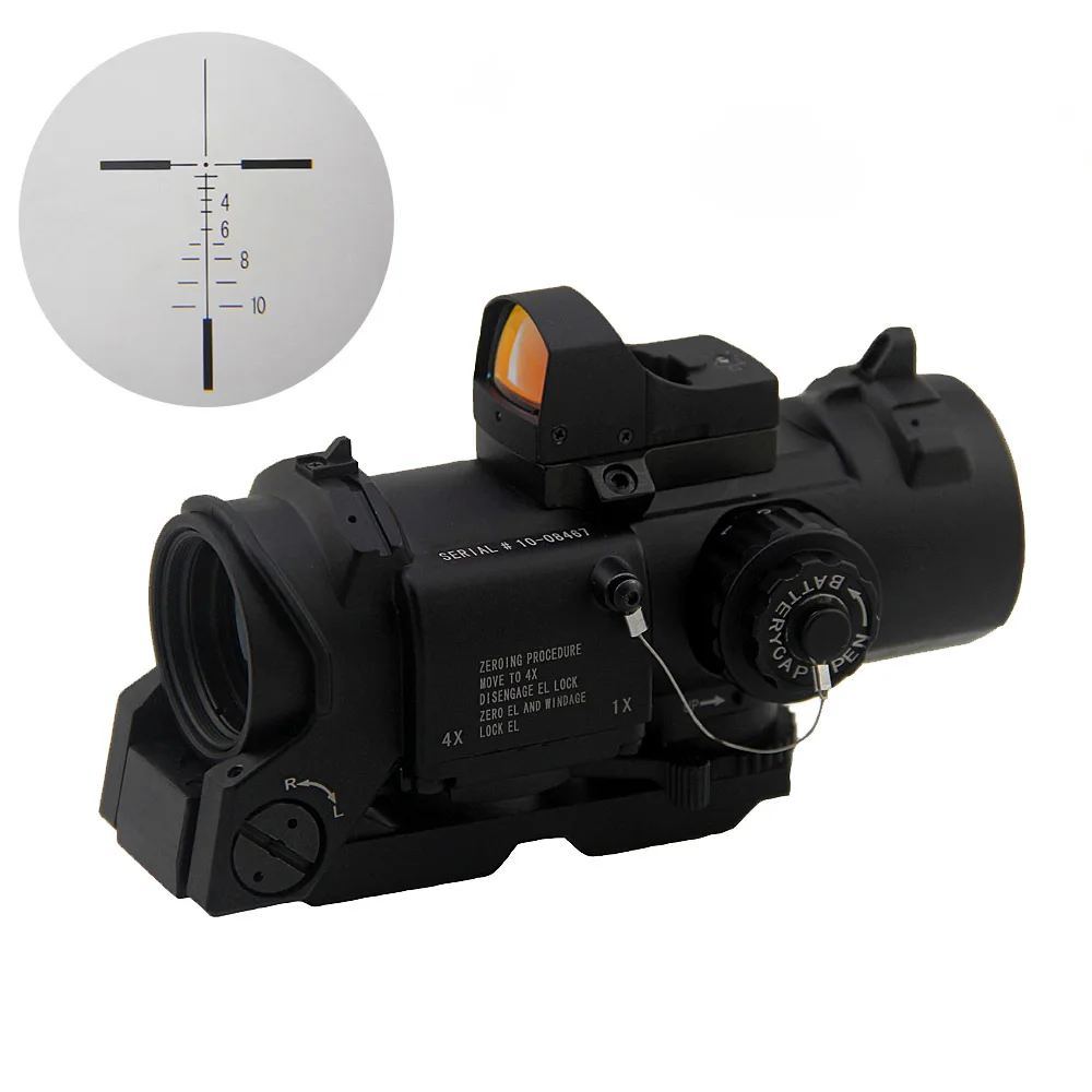 

Tactical 4x Magnifier Dual Role Scope Red Illuminated Mil-Dot Scope Rifle Hunting 1x-4x Optics With Micro Red Dot Reflex Sight