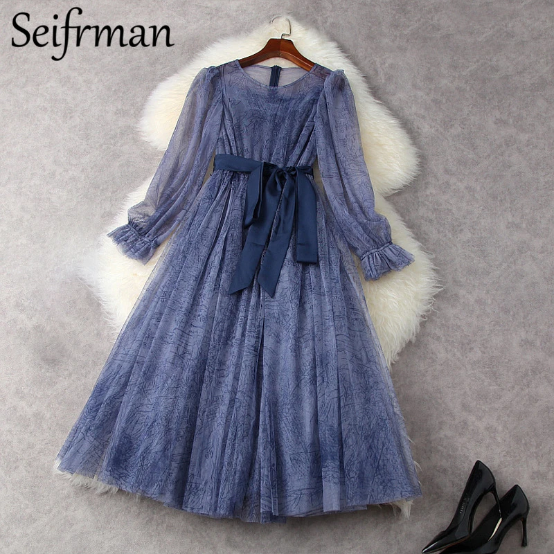 

Seifrmann New 2021 Summer Women Fashion Designer Party Midi Dress Flare Sleeve Sashes Elegant Print Ladies Mesh A-Line Dress
