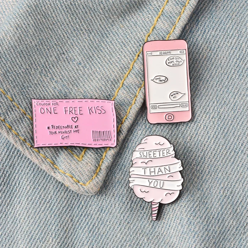 

Pink Cotton Candy Sweeter Than You Enamel Pins SMS Kiss Ticket Brooch Badges Fashion Charm Lapel Jewelry Gift For Couple Lovers