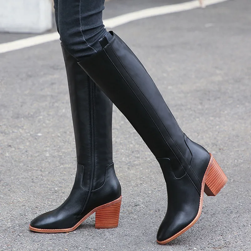 

Meotina Autumn Knee High Boots Women Natural Genuine Leather Block High Heel Long Boots Zipper Round Toe Shoes Lady Winter 34-43