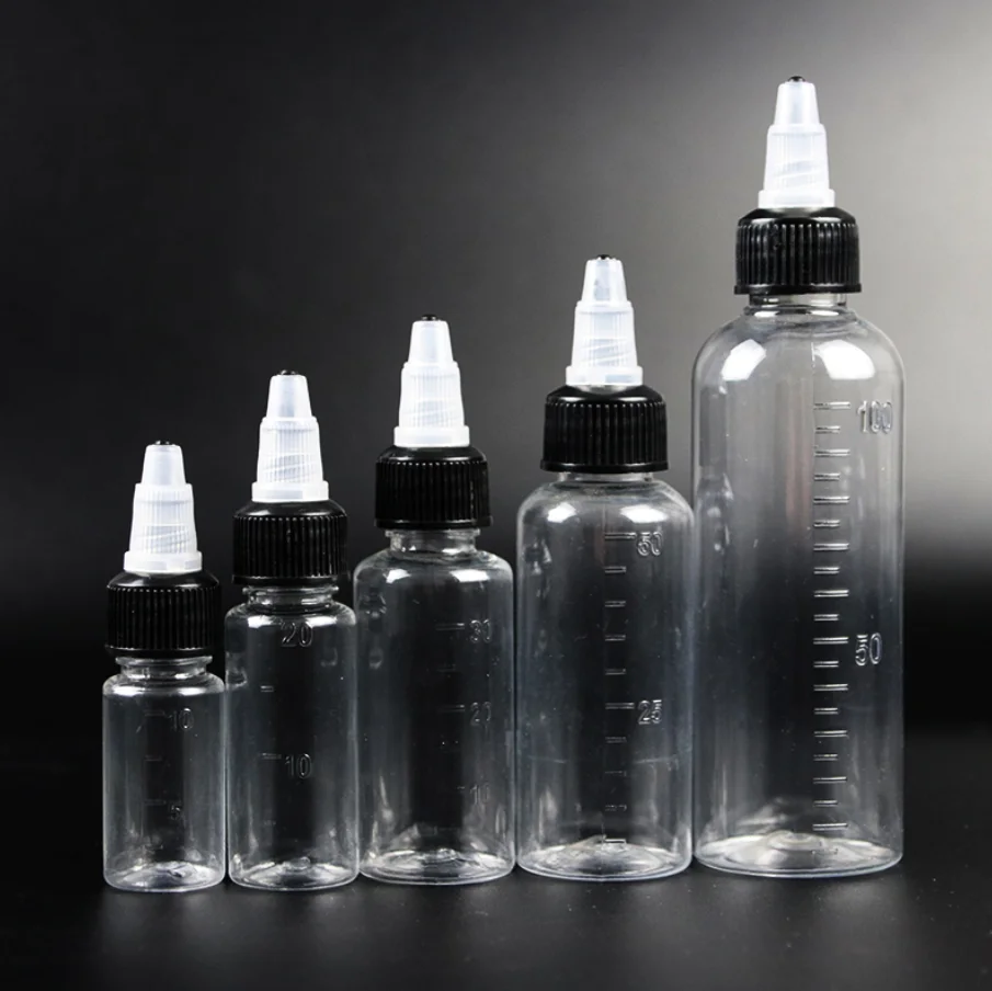 

50pcs/100pcs 10ml/20ml/30ml/50ml/100ml Plastic PET Liquid Capacity Dropper Bottles Twist Top Cap Tattoo Pigment Ink Containers