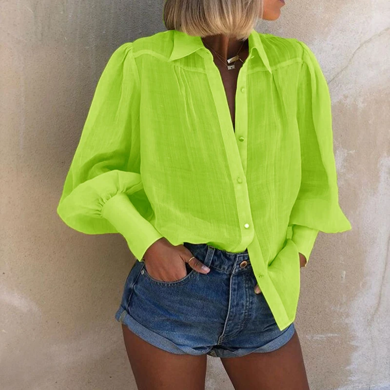 

2021 Spring Summer Long Sleeve Leisure Blouse Women Solid Pure Color Button Casual Loose Lady Top Streetwear SJ5593C