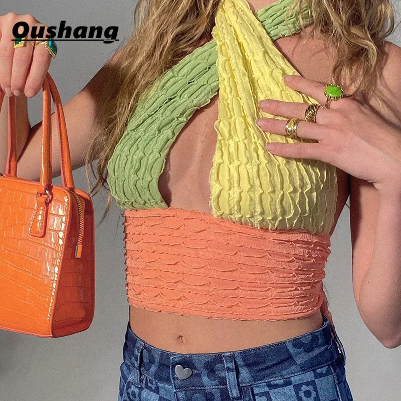 

Y2K Aesthetics Patchwork Criss Cross Knitted Halter Tops 2021 Sexy Women Tanks 2000s Backless Vintage Crop Tops Sweet Vests