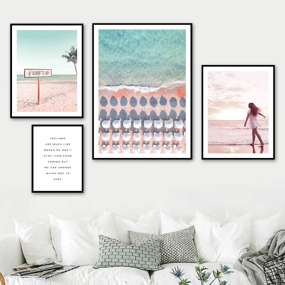 Песчаный пляж женщины ладони Surf напитки художественная стена с цитатой холст