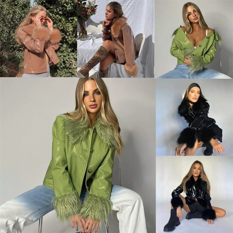 

Осенняя Женская куртка из искусственной кожи, блестящее пальто с воротником, модная короткая верхняя одежда, байкерское пальто-бомбер