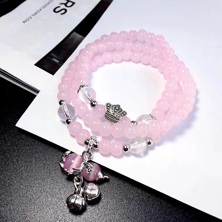 

Natural Pink Rose Quartz Gourd Pendant Madagascar 3 Laps Bracelet 6mm Women Crystal Stretch Clear Round Beads Necklace AAAAA
