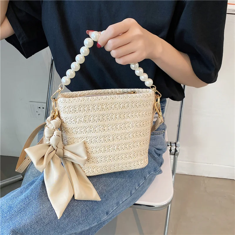 Соломенная Сумка-мешок с жемчугом Плетеный шелковый шарф сумка-мессенджер на