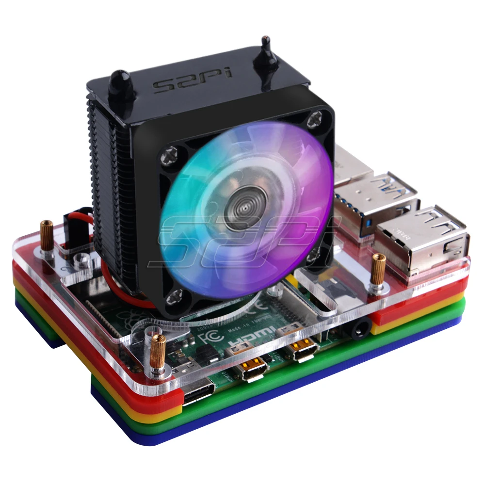 Blacktower Colorcase 52Pi лед-охлаждающий вентилятор башни V2.0 черный высокоэффективный теплоотвод 7 цветов светильник 5-Слои чехол для Raspberry Pi 4 B/3B/3B - Цвет: Blacktower Colorcase