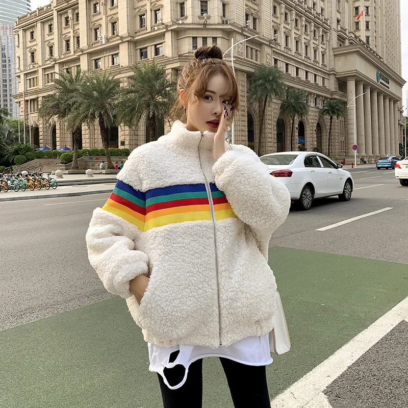 

New Elegant Fashion Women Spring Autumn Rainbow Wool Coat Korean Wild Faux Fur Top Fleece Coat
