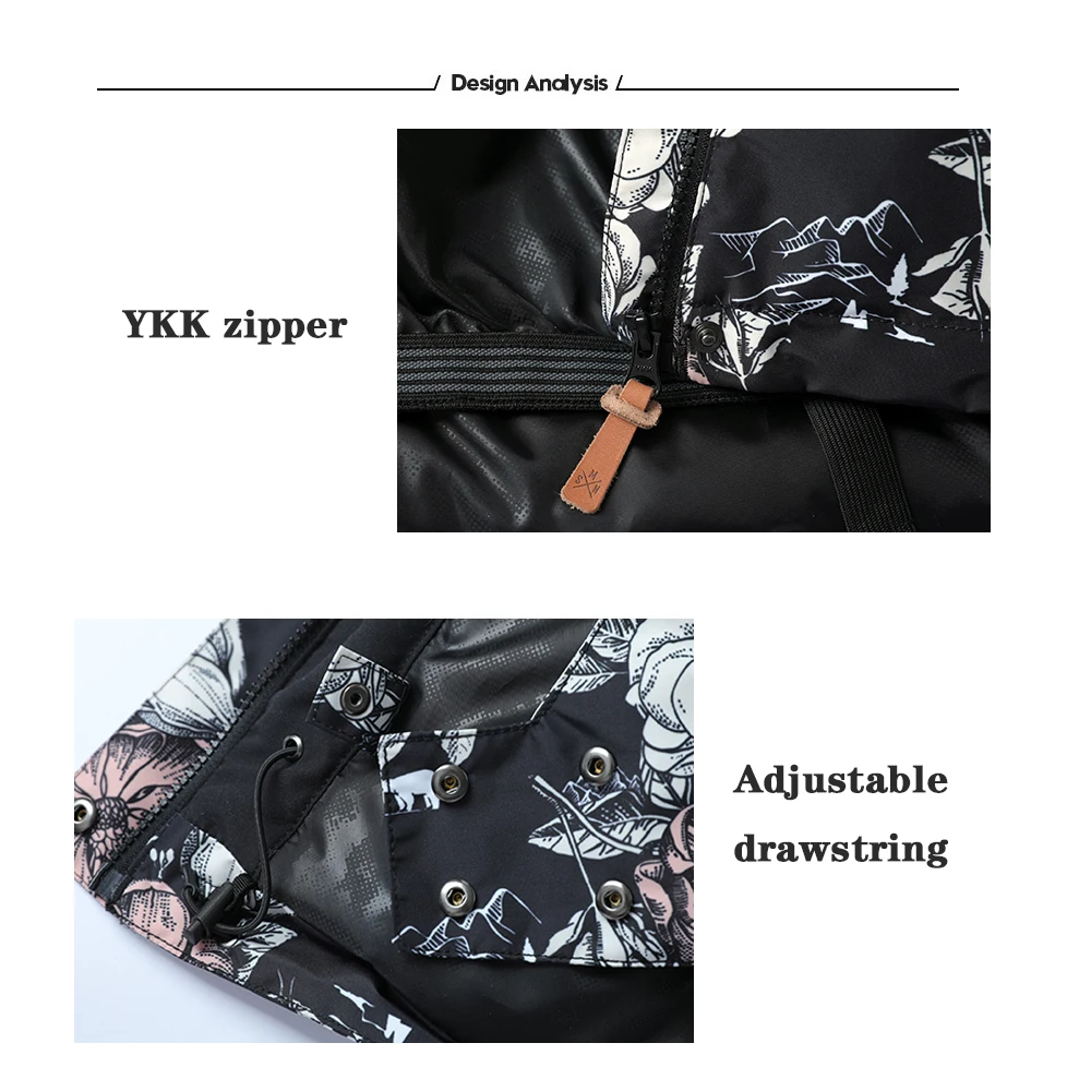 SMN Women Ski Jacket Flower Winter Waterproof Wind Resistant Breathable Snow Coat Snowboard Jacket Outdoor Sport Clothing