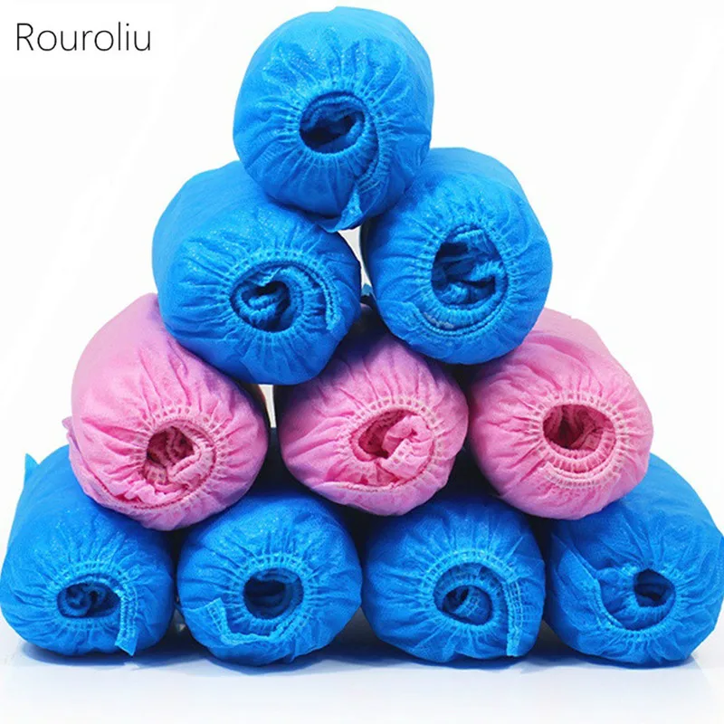 Rouroliu 100pcs/lot Disposable Non-Woven Shoes Cover Thickening Dustproof Homes Overshoes Non-Slip Blue Pink
