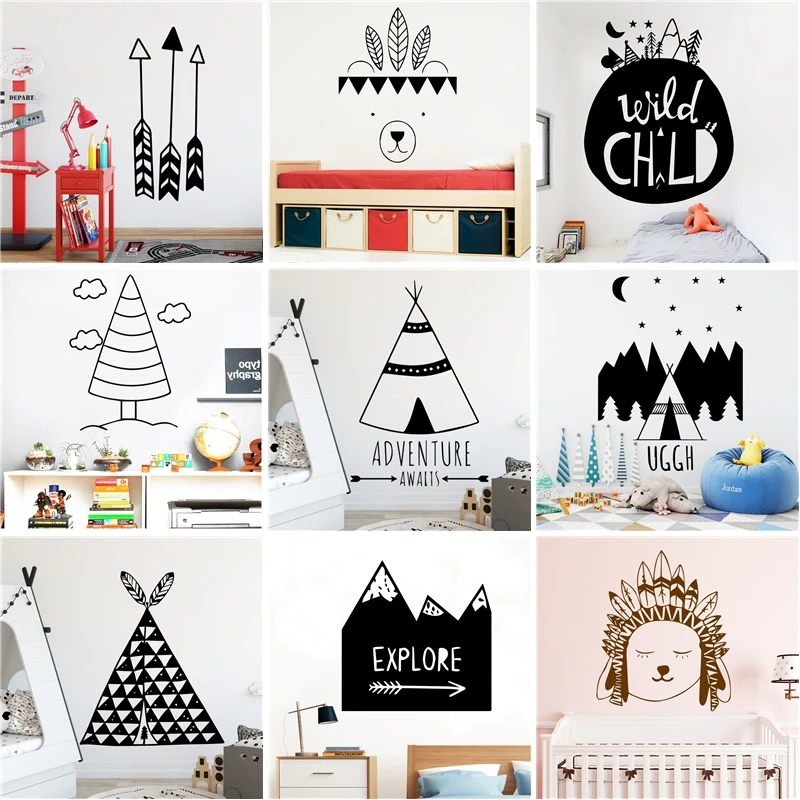 

Nordic tribal Forest Vinyl Wall Sticker For Kids Rooms decoration Home child boys bedroom Decor stickers Animals fox arrow mural