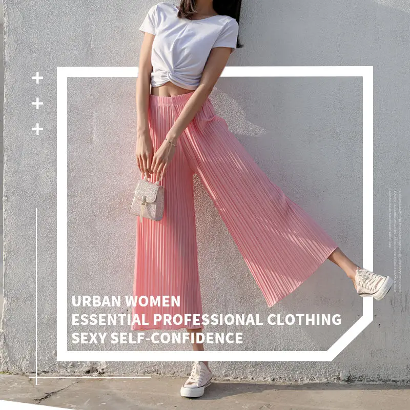 

Korean version large size Ruffle High Waist Chiffon pleated wide leg pants women's loose drape nine point casual pants skirt