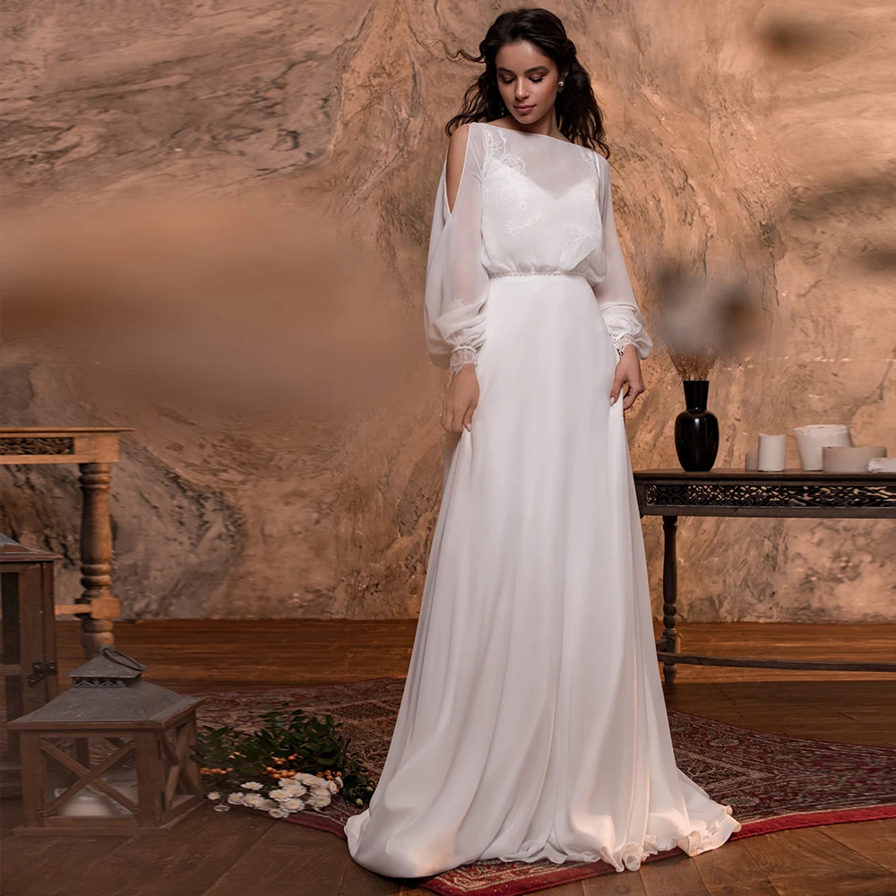 

Elegant Floor Length Chiffon Wedding Dress Civil Lantern Sleeves Sweep Train Backless Long Bridal Gown For Bride Vestidos