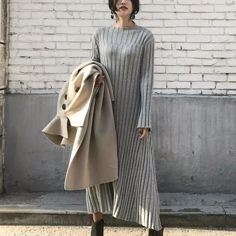 

New 2021 Autumn Winter Women Robe Femme Solid Color Korean Warm Knitting Elegant Vintage Casual Long Dress Fashion Loose Vestido